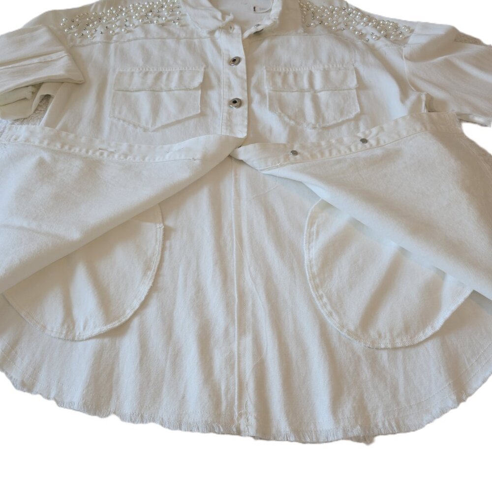 NWT Willow & Clay White Pearl Ebellished Denim Shirt Shacket LS Size Small - Picture 12 of 16
